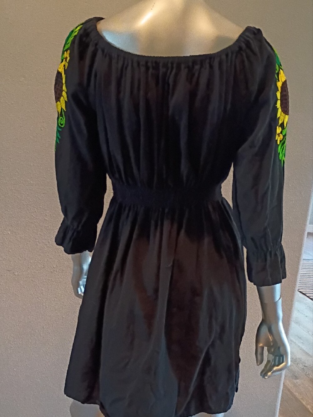 Sunflower Artisan-Embroidered Boho   Black Cotton Mini Dress Sz Med - Picture 11 of 12